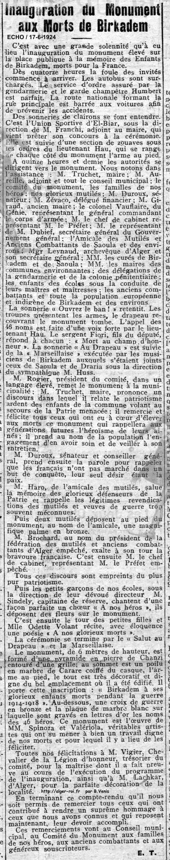 Inauguration du MONUMENT AUX MORTS