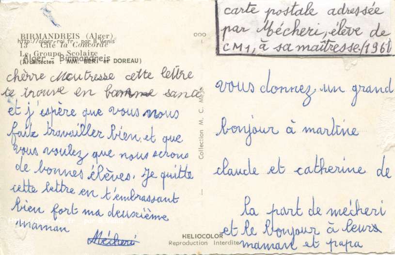 Carte postale adressée à sa maîtresse par Mécheri
