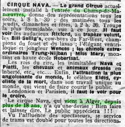 Le cirque NAVA à Alger - 1923 