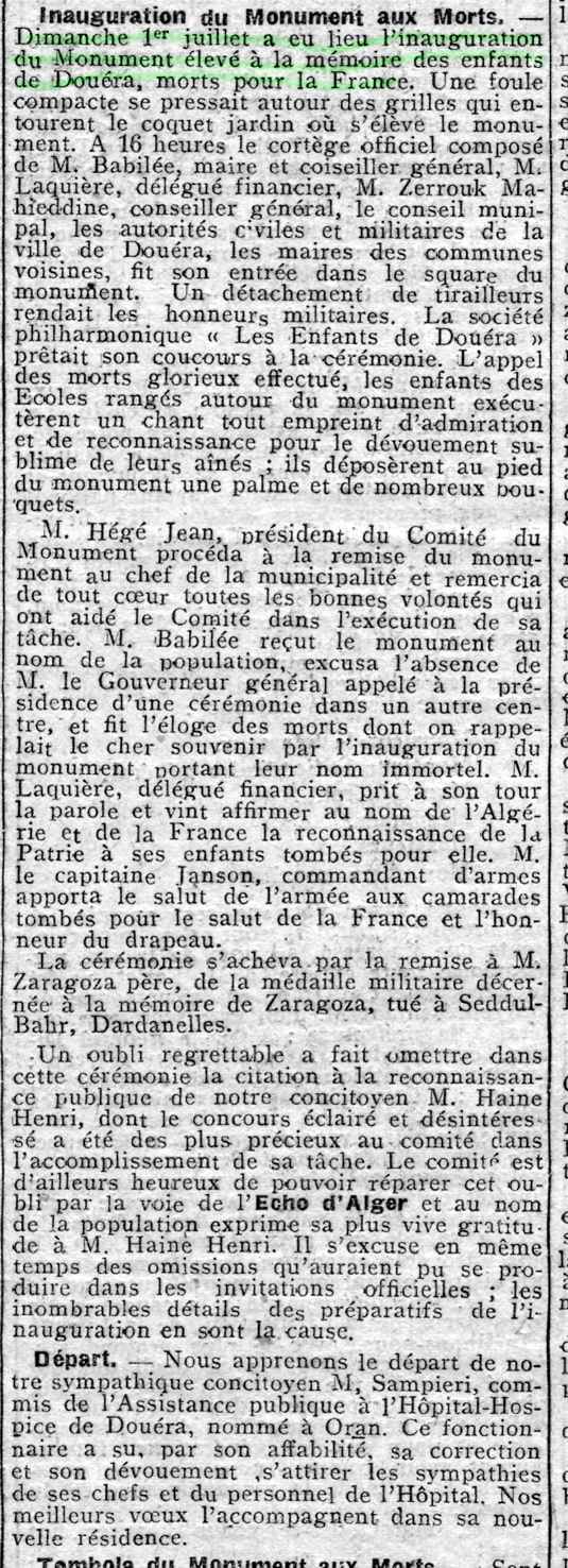 Inauguration du monument aux morts 