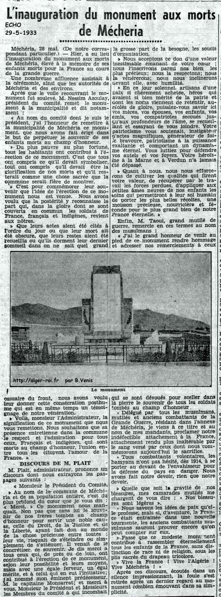 Inauguration du Monument aux Morts. 