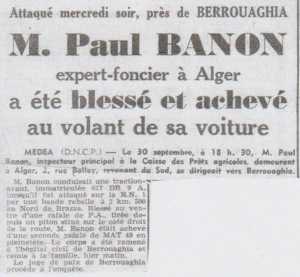 Assassinat de Paul BANON
le 30 Septembre 1959
entre BRAZZA et BERROUAGHIA