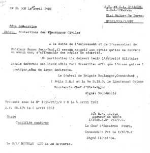 Note de service du 
Colonel BOURDANCLE
et du Chef d'Escadron STURM
le 4 Avril 1961