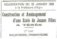 1926 - TENES
Construction de l'Ecole de Filles