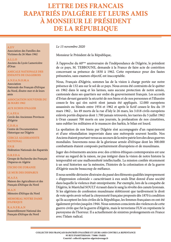 lettre des Français rapatriés, 15 nov 2020