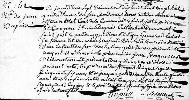 Jean Dupuis, acte de naissance