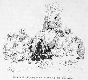 Soeur de charit� enseignant � broder aux petites filles arabes.