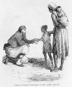 Zouave donnant son pain � une jeune Arabe pauvre.