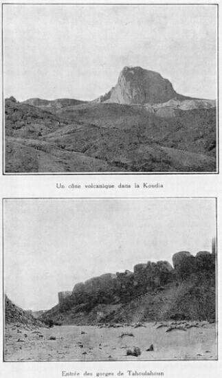 En haut: Un c�ne volcanique dans la Koudia, En bas: Entr�e des gorges de Tahoulahoun
