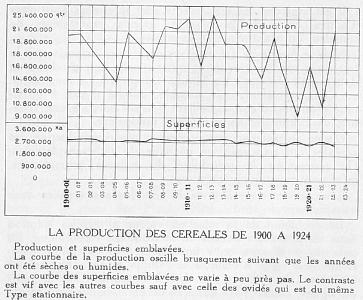 LA PRODUCTION DES CEREALES DE 1900 A 1924 Production et superficies emblav�es. La courbe de la production oscille brusquement suivant que les ann�es ont �t� s�ches ou humides. La courbe des superficies emblav�es ne varie � peu pr�s pas. Le contraste est vif avec les autres courbes sauf avec celle des ovid�s qui est du m�me Type stationnaire.