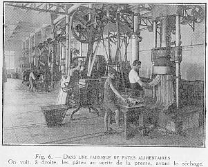 Fig. G. - DANS UNE FABRIQUE DE PATES ALIMENTAIRES On voit, � droite, les p�tes au sortir de la presse, avant le s�chage.
