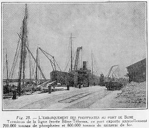Fig. 28. - L'EMBARQUEMENT DES PHOSPHATES AU PORT DE BONE Terminus de la ligne ferr�e B�ne-T�hessa, ce port exporte annuellement 700.000 tonnes de phosphates et 800.000 tonnes de minerai de fer.