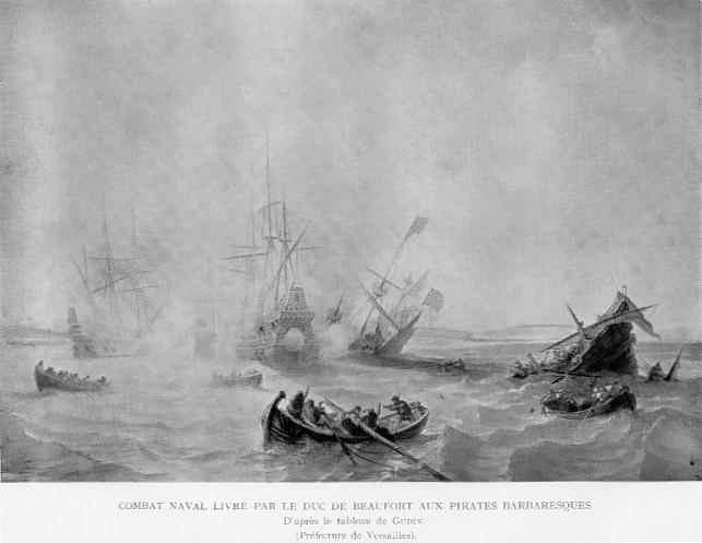 COMBAT NAVAL LIVR� PAR LE DUC DE BEAUFORT AUX PIRATES BARBARESQUES D'apr�s un tableau de DUDIN (Pr�fecture de Versailles).
