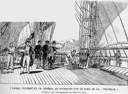 L'AMIRAL DUPERRE ET GENERAL DE BOURMONT SUR LE PONT DE LA "PROVENCE" (d'apr�s une lithographie de Morel-Fatio)