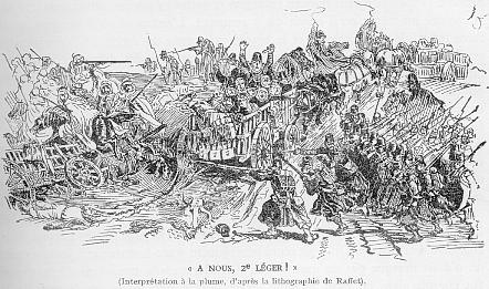 " A nous, 2�me l�ger ! " (Interpr�tation � la plume, d'apr�s la lithographie de Raffet).