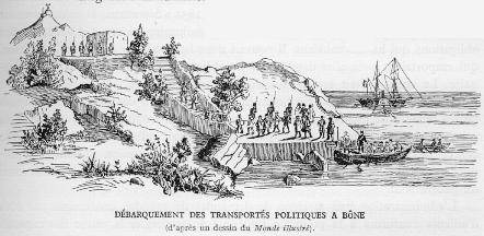 D�barquement des transport�s politiques � B�NE (d'apr�s un dessin du Monde Illustr�).