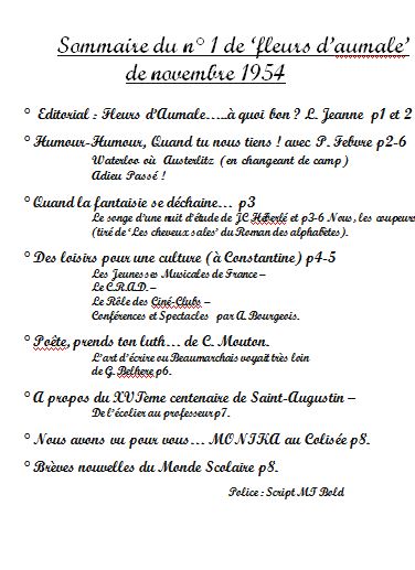 Sommaire-Flash n° 1-Novembre-1954-