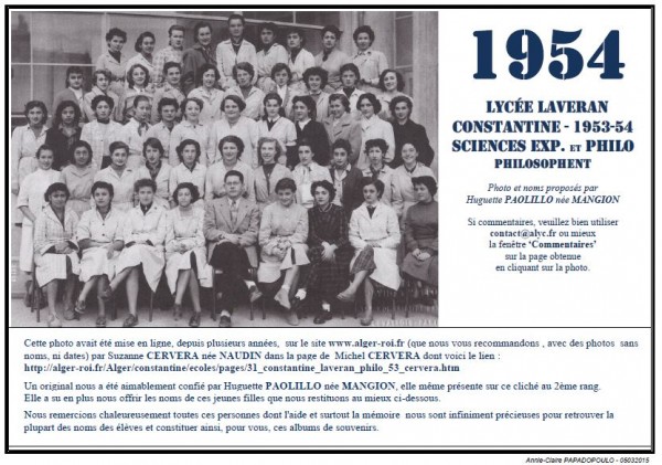 Une-Laveran-1953-54-Philo-Huguette-MANGION-Alger-roi-Suzanne-NAUDIN