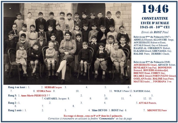 Une-Aumale-1945-46-10e-CE1-MmeDEVOS-Paul-ROST-
