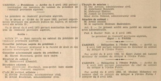 Cabinet du president fares au 8 avril 1962