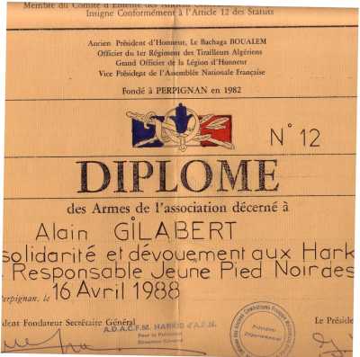  Alain GILABERT  
diplome de l'Association JPN Harkis
