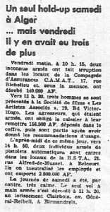  ALGER - 7 Avril 1962 
---- 
1 seul Hold-up Samedi
mais 3 la veille
