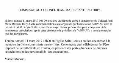  HYERES -  11 Mars 2017 
Hommage au Colonel BASTIEN-THIRY
