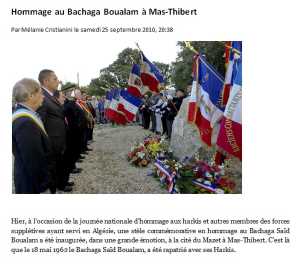  MAS-THIBERT 
Hommage au Bachaga BOUALAM
Inauguration le 25 Septembre 2010
