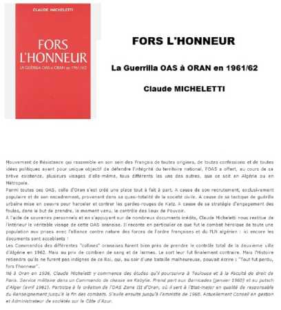  FORS L'HONNEUR 
---- 
Claude MICHELETTI
