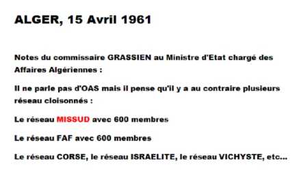  Notes du Commissaire GRASSIEN 
 Le 15 avril 1961
