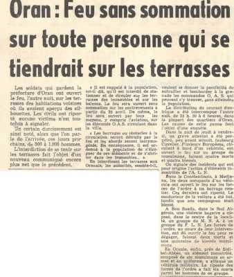 ORAN 1962 
Ordre de tirer sans sommation 
sur toute personne se trouvant
sur les terrasses 
