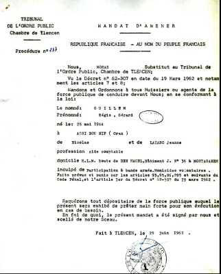  Mandat d'Amener 
du TOP de TLEMCEN
du 25 Juin 1962
