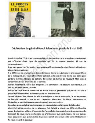 Photo-titre pour cet album: D&eacute;claration du Gal SALAN &agrave; son Proc&egrave;s du 6 Mai 1962