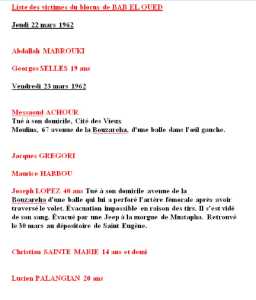  SIEGE de BAB-EL-OUED 
---- 
Liste des Victimes 
----
Abdallah MABROUKI
Georges SELLES
Messaoud ACHOUR
Jacques GREGORI
Maurice HABBOU
Joseph LOPEZ
Christian SAINTE MARIE
Lucien PALANGIAN
