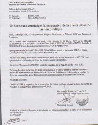 Ordonnance de prescription 
en faveur de MACRON