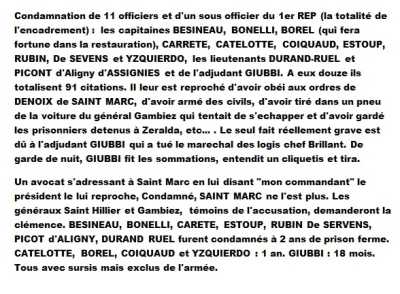 8 Juillet 1961 
----
 

 Capitaine BESINEAU : 2 ans
Capitaine BONELLI : 2 ans
Capitaine BOREL : 1 an
Capitaine CARETE : 2 ans
Capitaine CATELOTTE : 1 an
Capitaine COIQUAUD : 1 an
Capitaine ESTOUP : 2 ans
Capitaine RUBIN de SEVENS : 2 ans
Capitaine YZQUIERDO : 1 an
Lt DURAND-RUEL : 2 ans
Lt PICOT d'ALIGNY : 2 ans
Adjudant GIUBBI : 18 mois